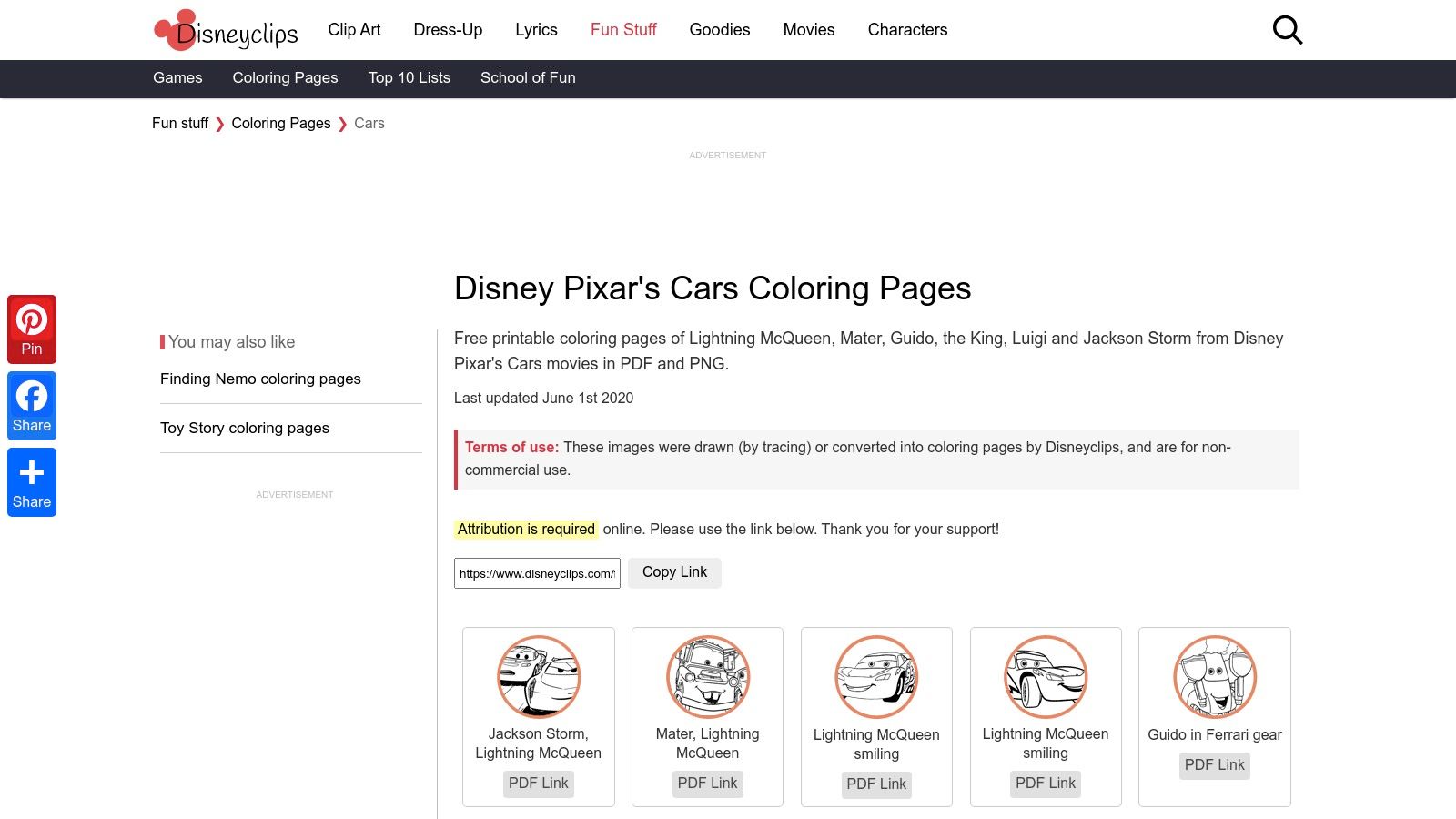 A grid of Lightning McQueen and other Cars characters coloring pages on Disneyclips.com.