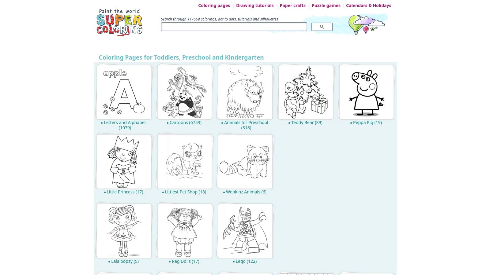 Supercoloring website interface showing various coloring pages