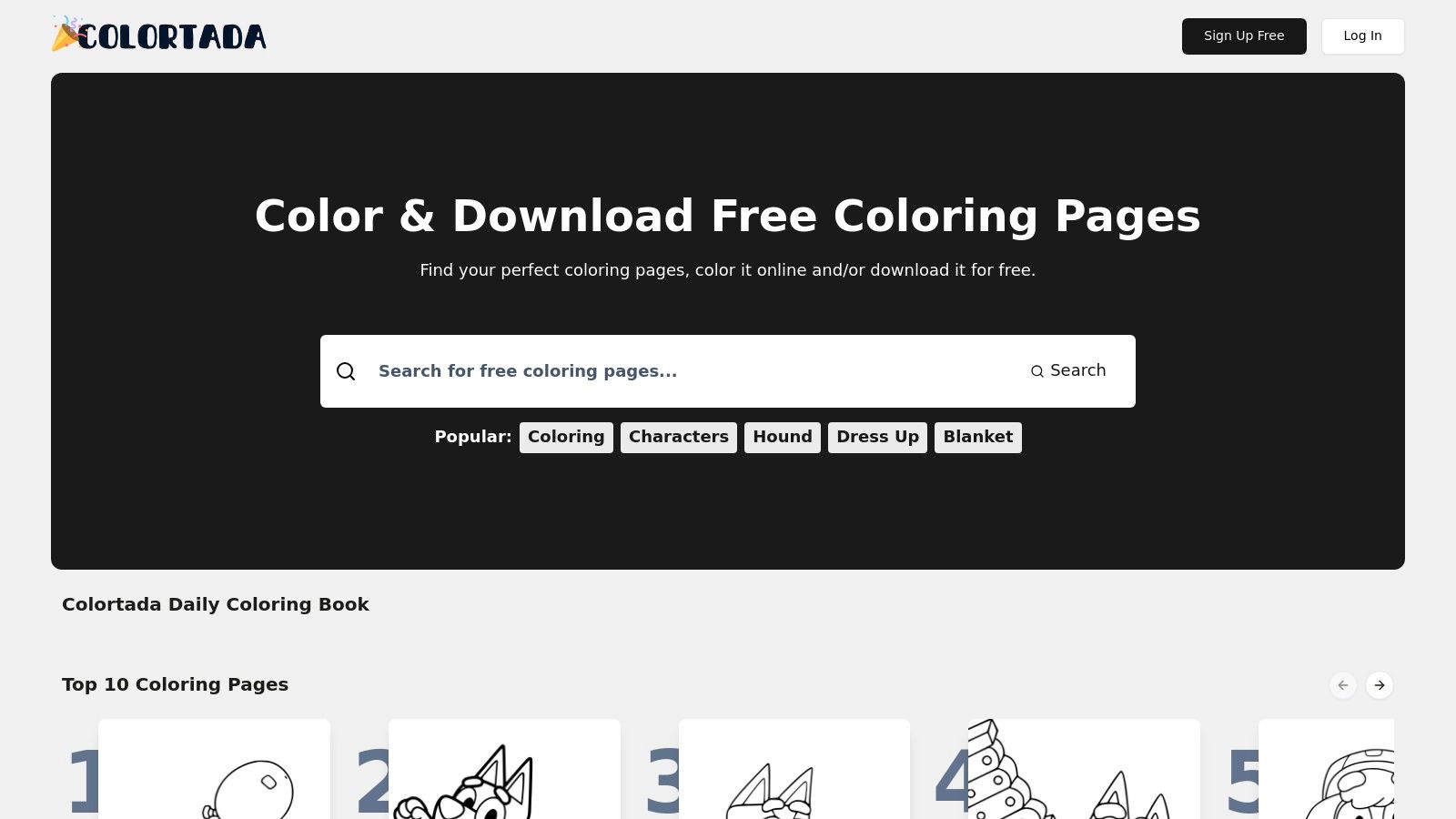 Colortada's homepage showcasing its diverse collection of coloring pages.