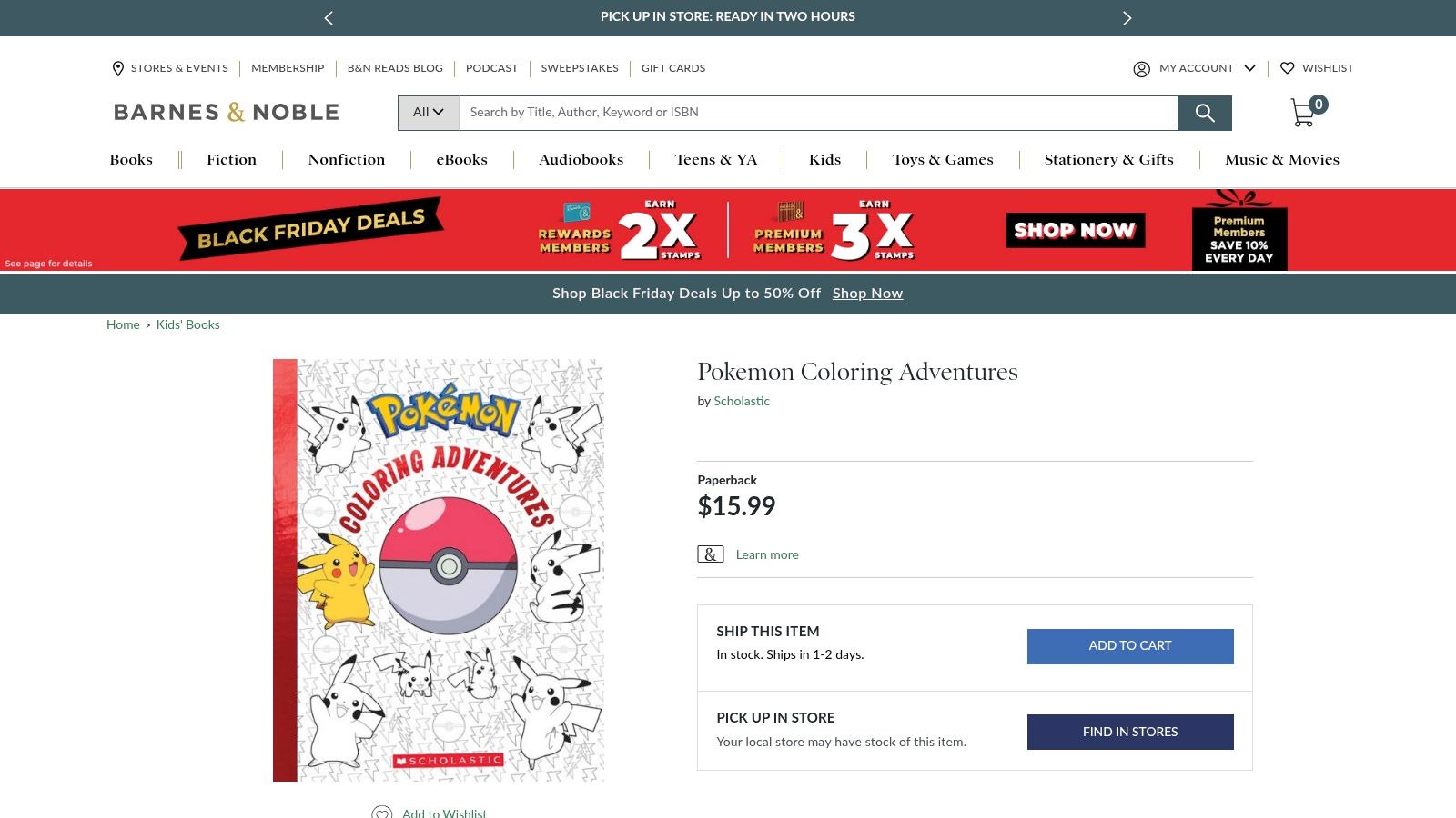 A popular Pokémon coloring book available at Barnes & Noble, featuring Pikachu on the cover.