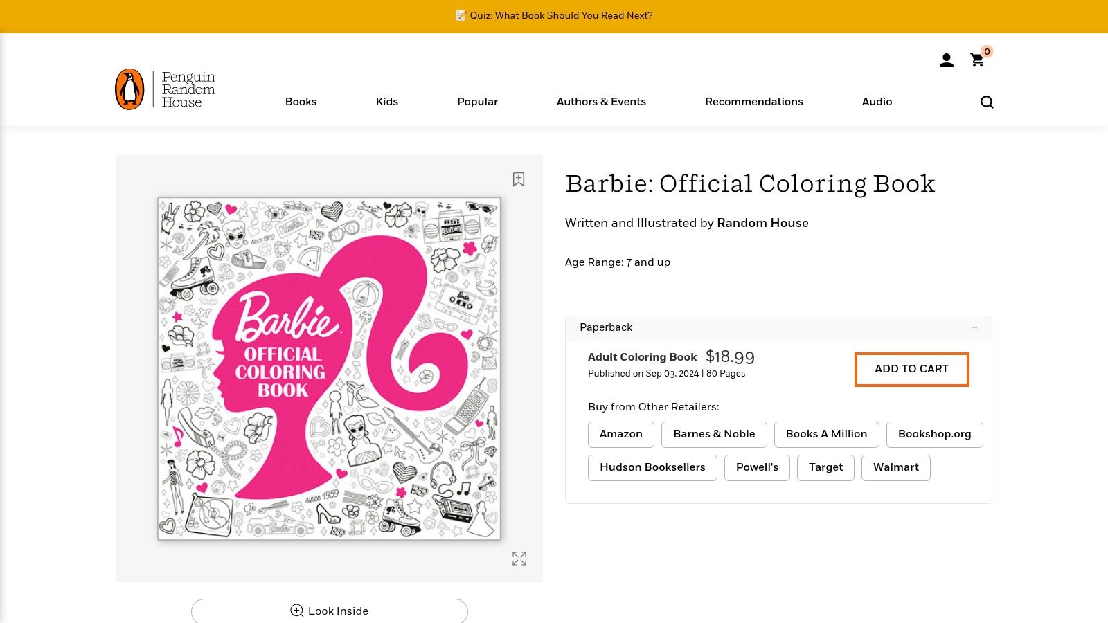 A screenshot of the Penguin Random House website showing the official product page for the "Barbie: Official Coloring Book," with book details and links to retailers.