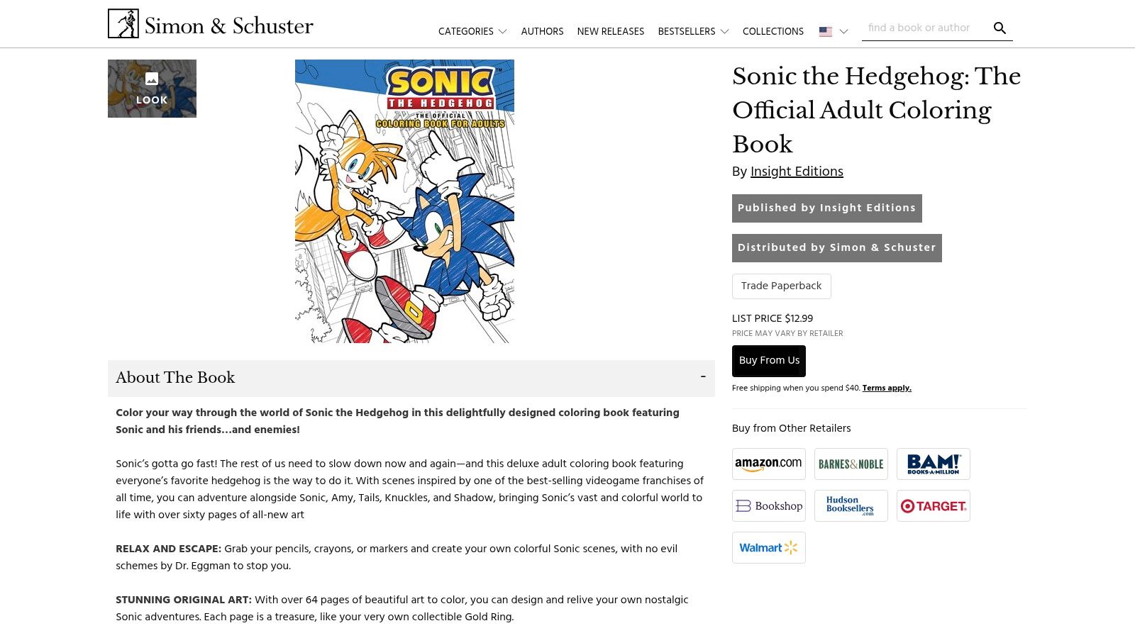 A screenshot of the Simon & Schuster website showcasing the cover of the official adult Sonic the Hedgehog coloring book, featuring a detailed, action-oriented illustration of Sonic.