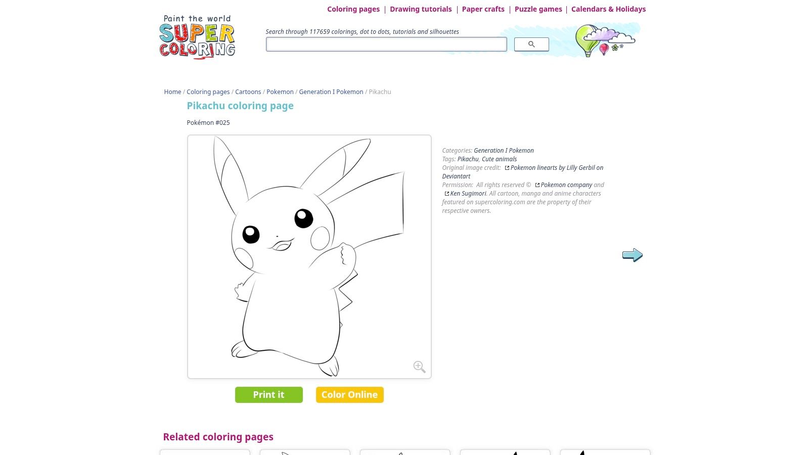 The online coloring interface on SuperColoring, showing a detailed Pikachu page with a digital color palette.