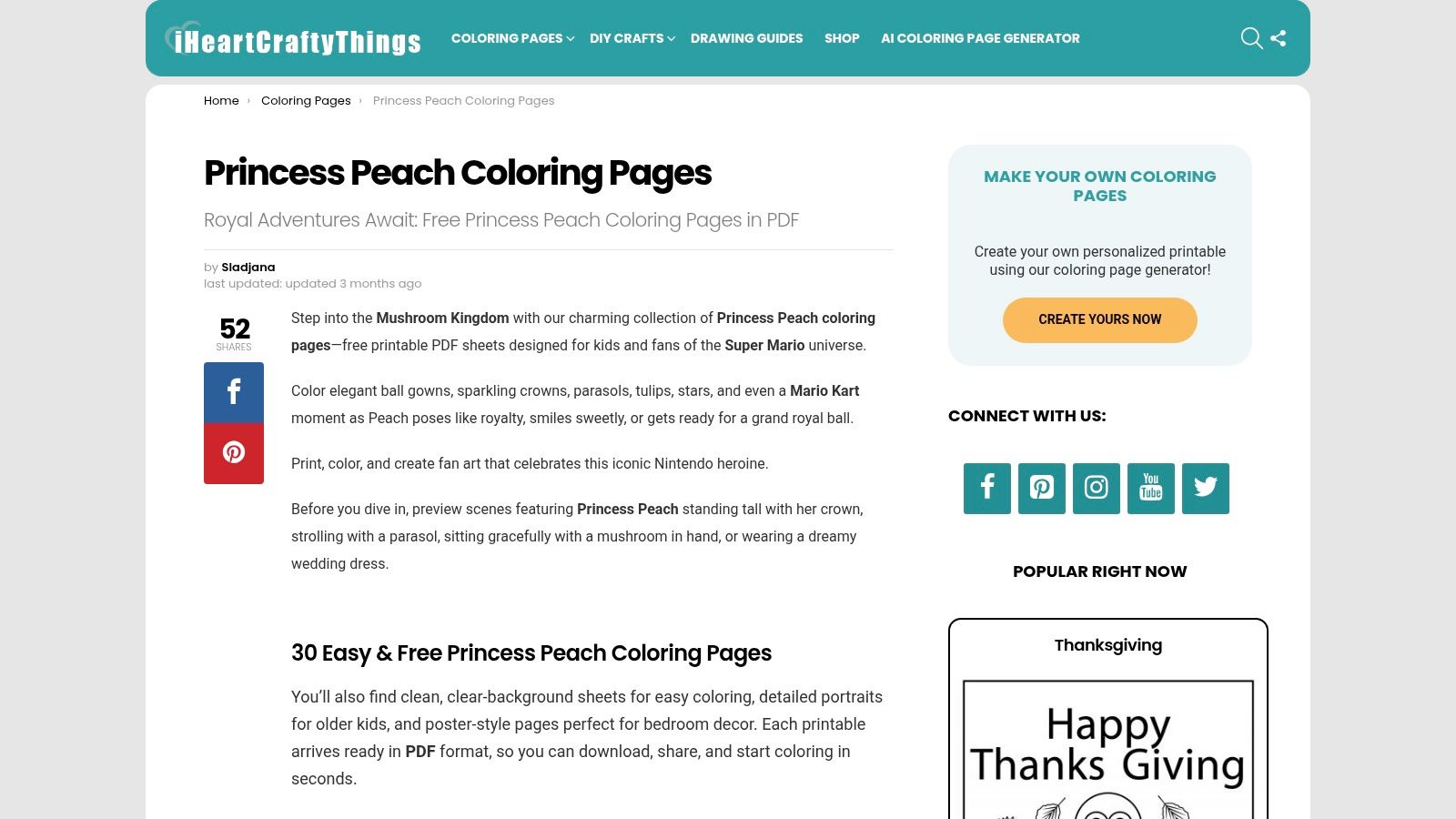 iHeartCraftyThings (30 free Princess Peach printables)