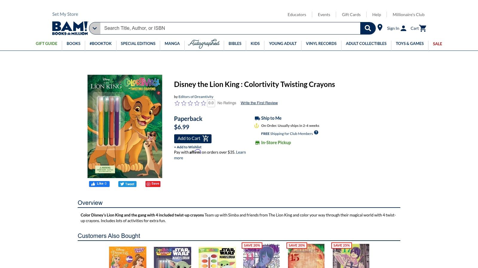 A retail listing on Books-A-Million for a Lion King coloring book with twist-up crayons.