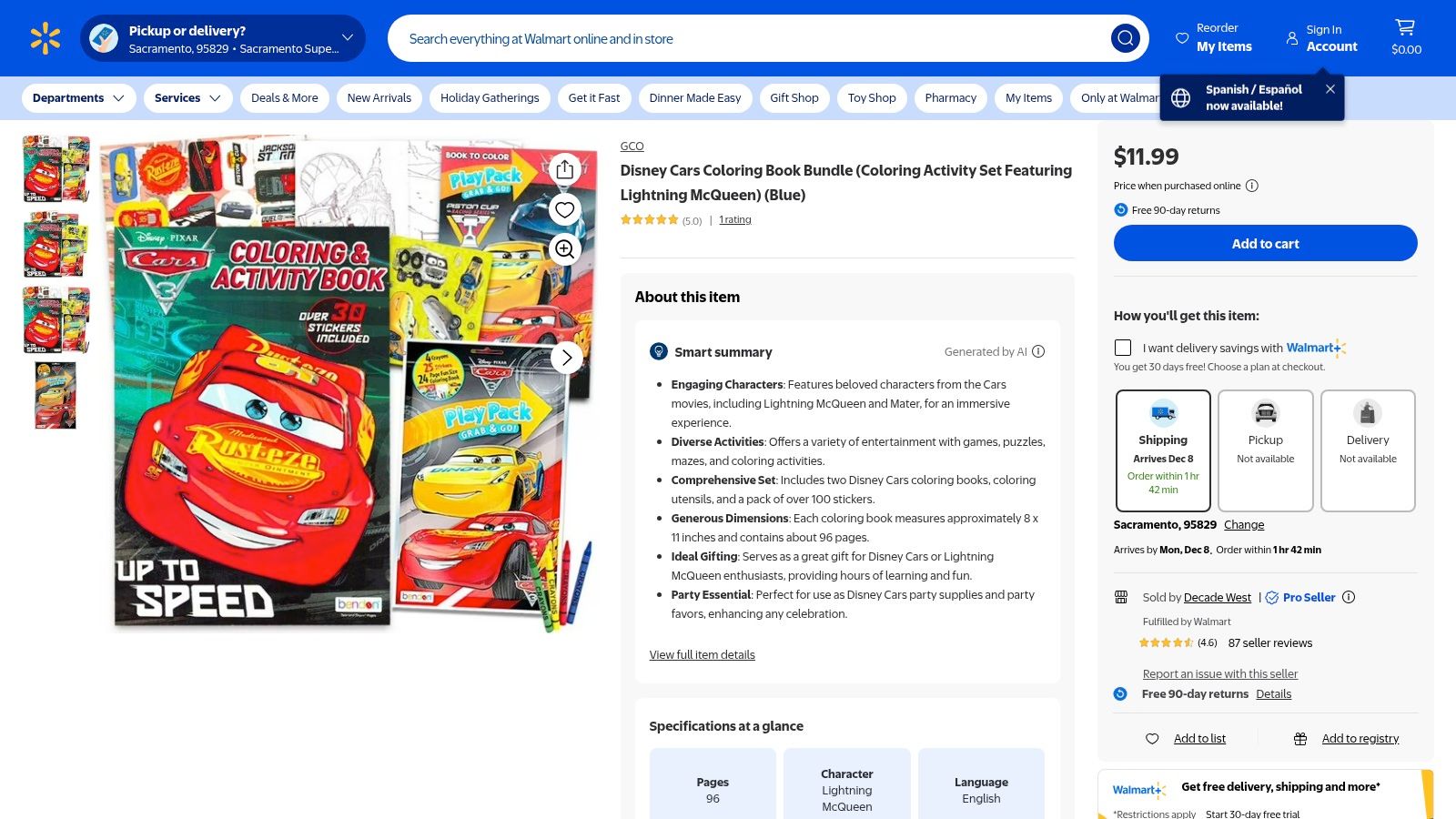 A Walmart product page showing a Lightning McQueen coloring book bundle with included crayons and stickers.