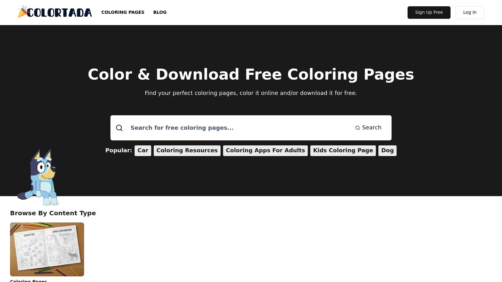 A screenshot of the Colortada website, showing a colorful homepage with categories for different coloring pages, including popular characters.