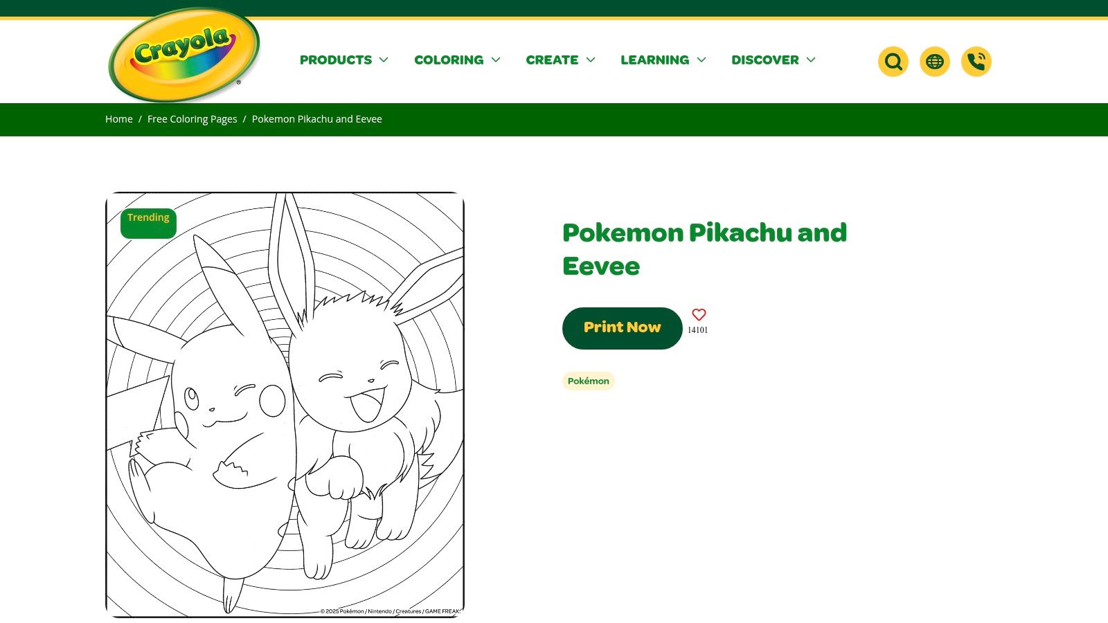 An official Crayola coloring page featuring Eevee and Pikachu sitting together.
