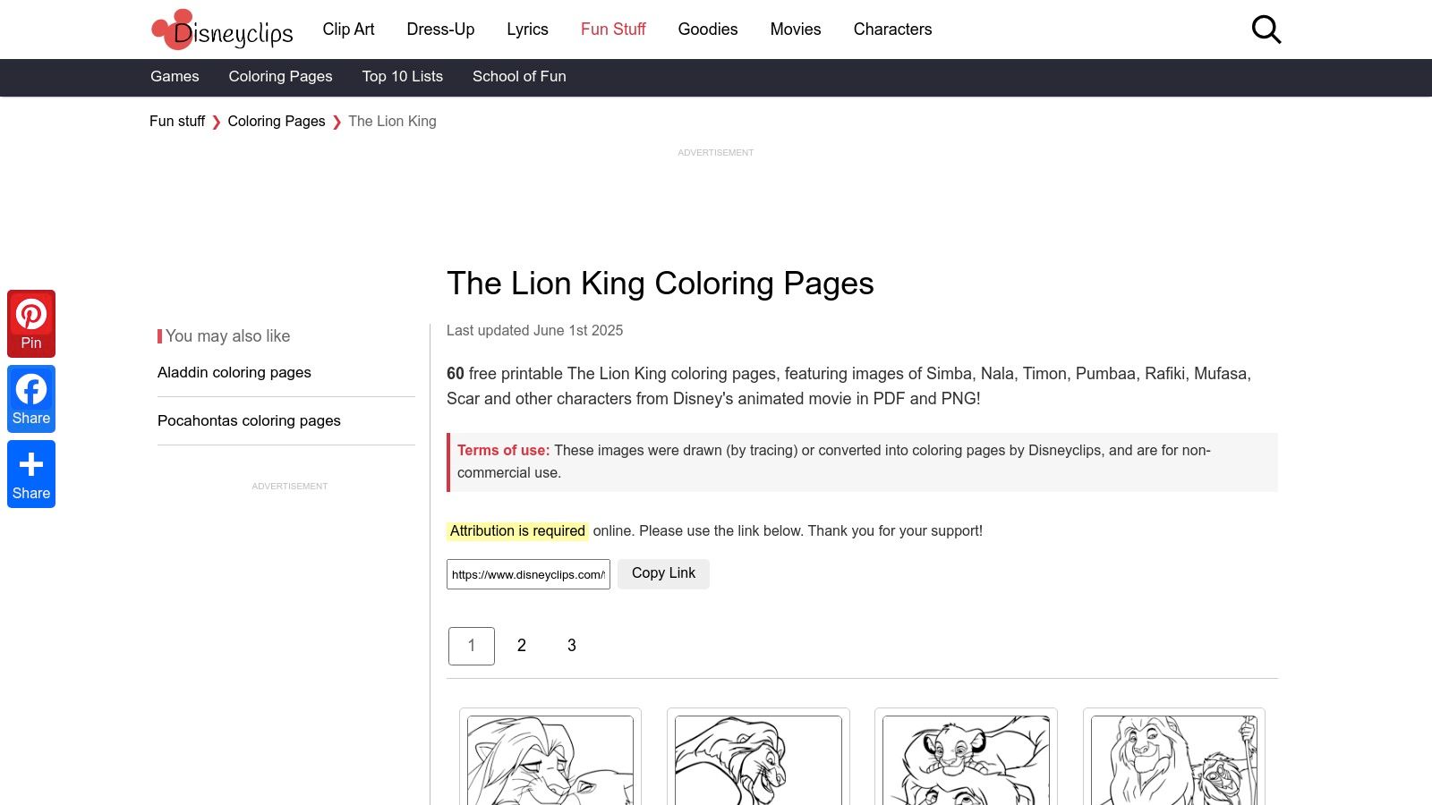 A webpage screenshot from Disneyclips.com showing a grid of black and white line art of various Lion King characters like Simba, Nala, and Timon, ready for coloring.