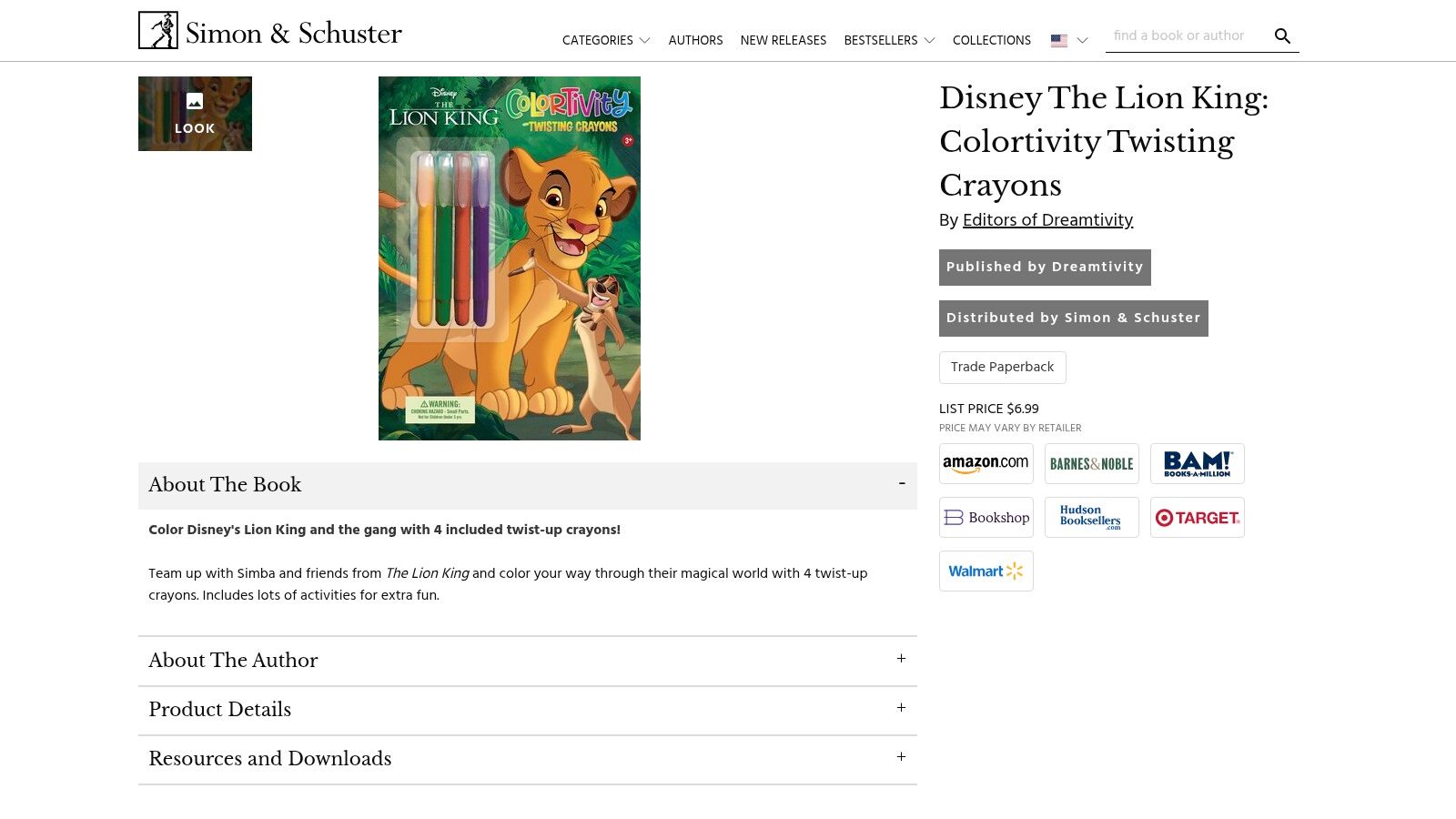The Simon & Schuster publisher page for 'Disney The Lion King: Colortivity Twisting Crayons', showing the book cover and product details.