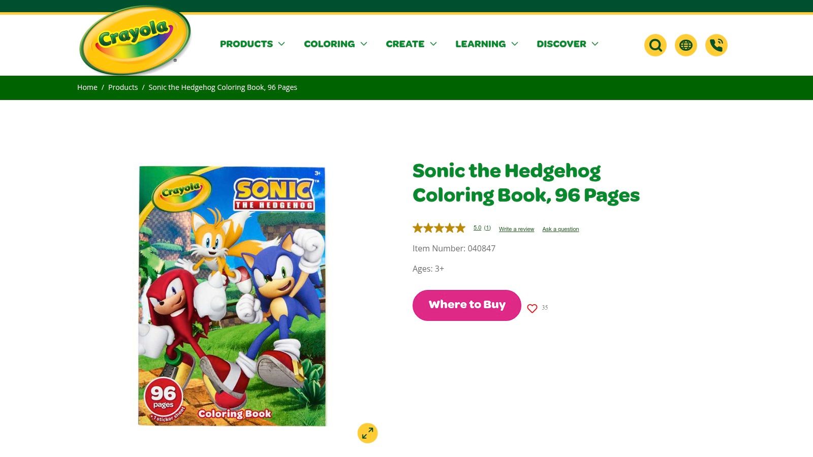 A screenshot of the Crayola website product page for the Sonic the Hedgehog coloring book, showing the book's cover and purchase options.