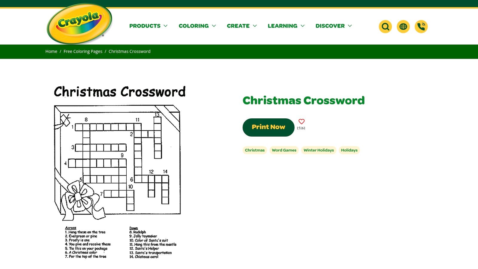 A Christmas-themed crossword puzzle from Crayola's website, featuring holiday words and illustrations to color.