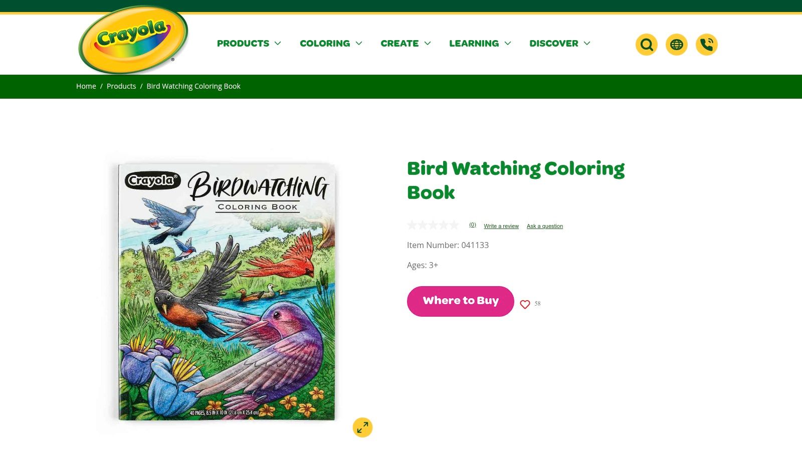 A screenshot of the Crayola website showing the Bird Watching Coloring Book and a free printable hummingbird page.