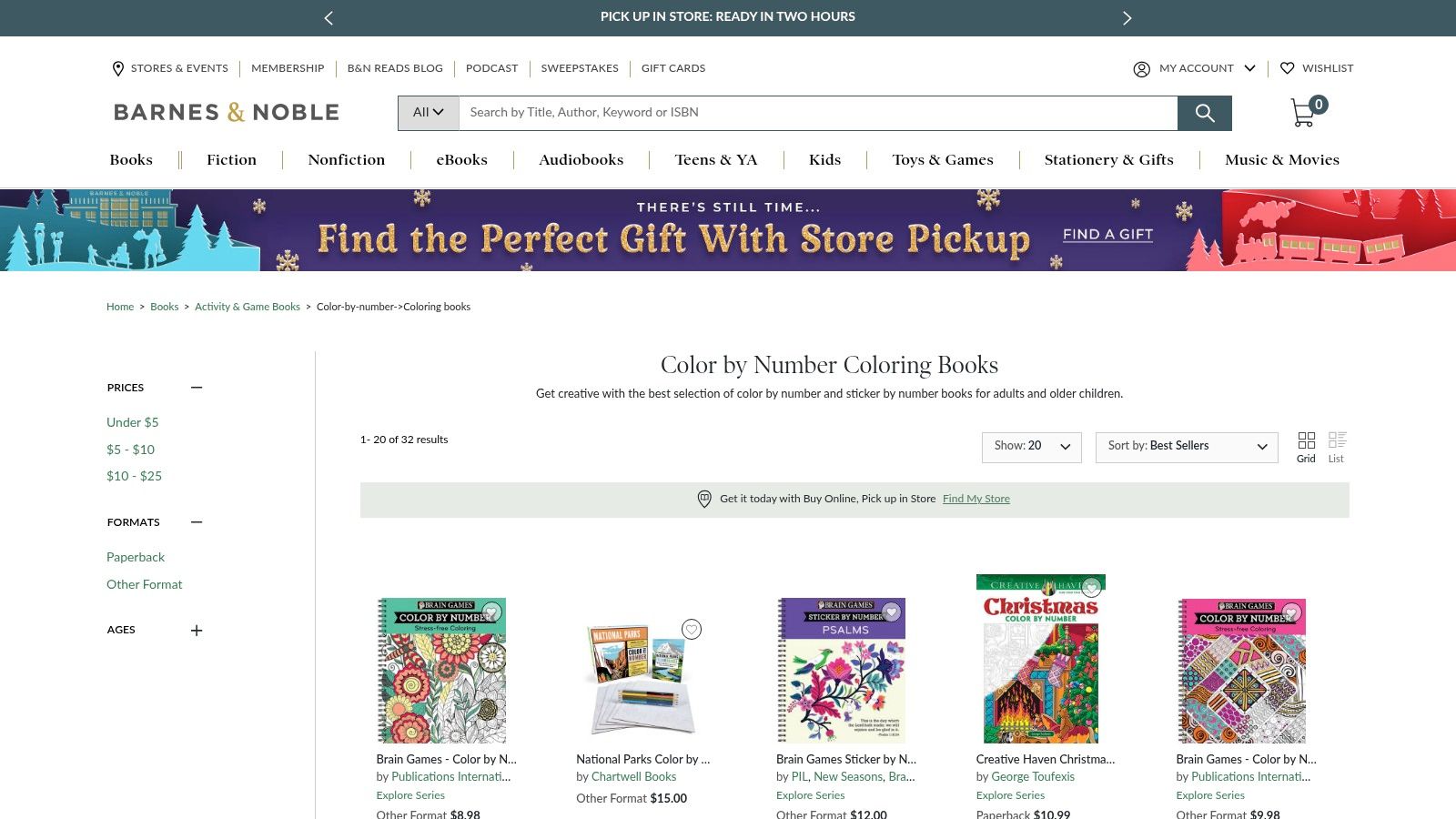 Barnes & Noble’s online category for adult color-by-number books, showing various advanced and themed options.