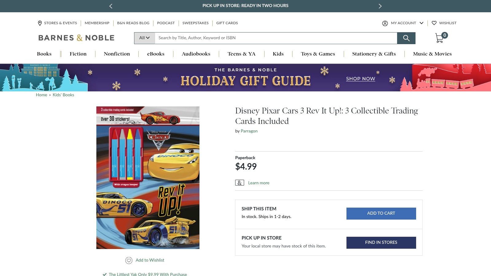 A Barnes & Noble product page showing the "Disney Pixar Cars 3: Rev It Up!" coloring and activity book.
