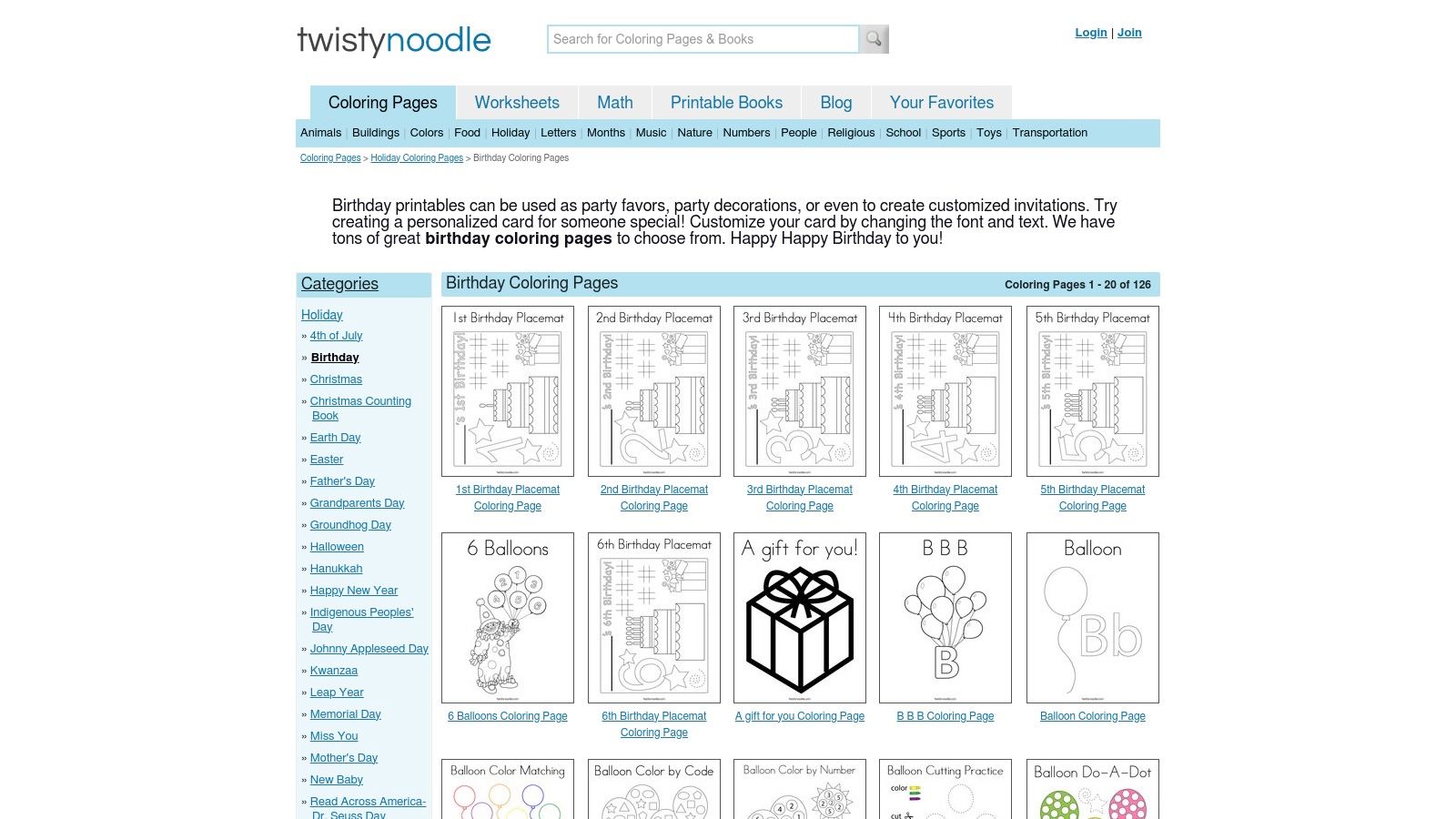 Twisty Noodle birthday coloring page options
