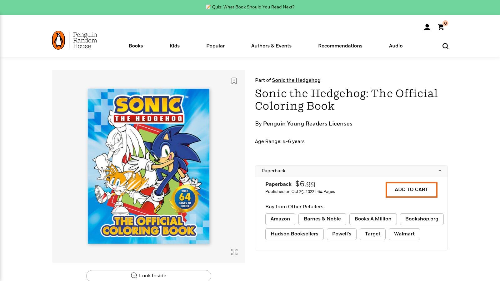 A screenshot of the Penguin Random House website showing the cover of the official Sonic the Hedgehog coloring book, featuring Sonic in a classic running pose against a blue background.