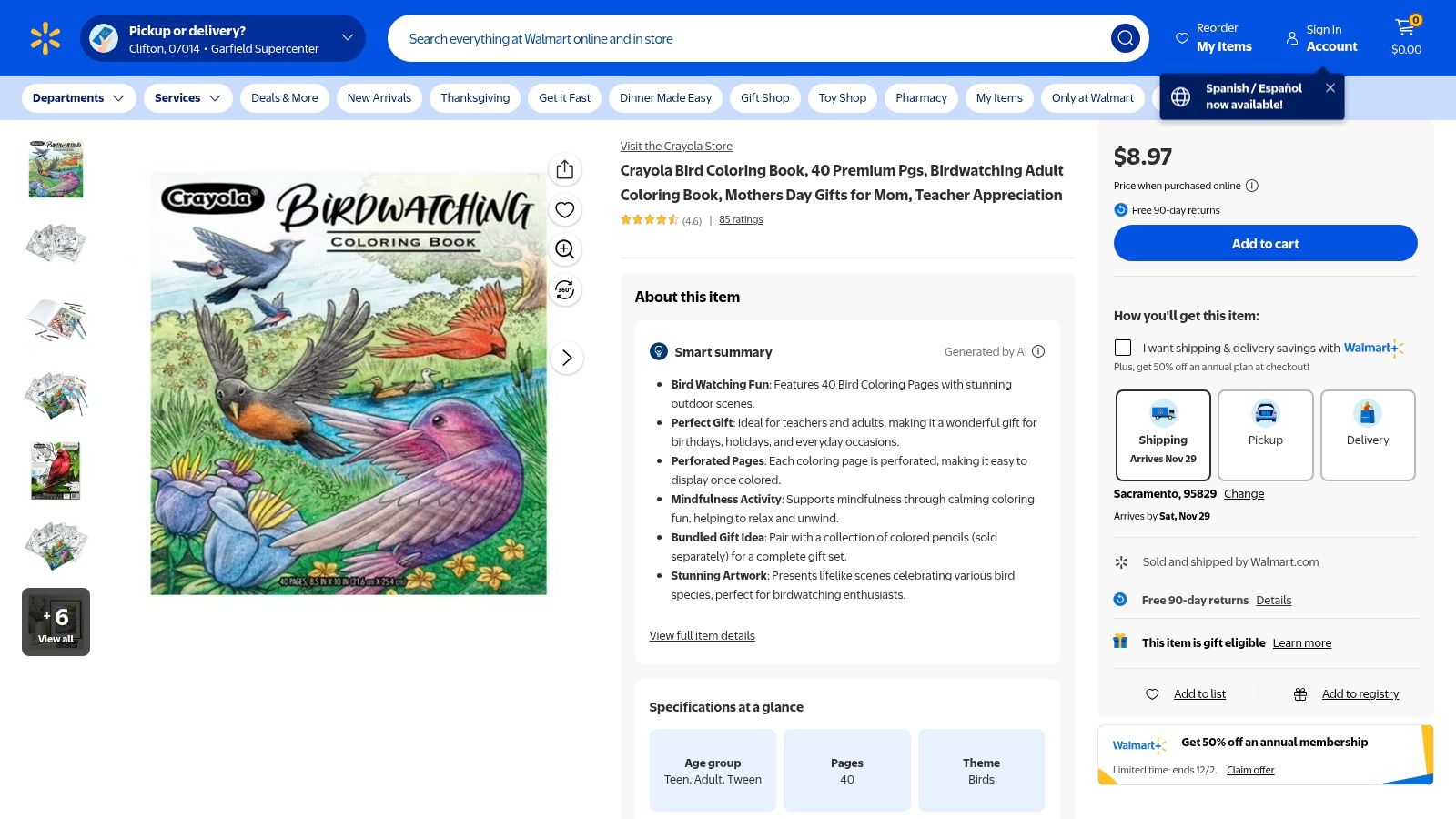 A screenshot of a bird coloring book product page on Walmart's website, showing options for delivery and store pickup.