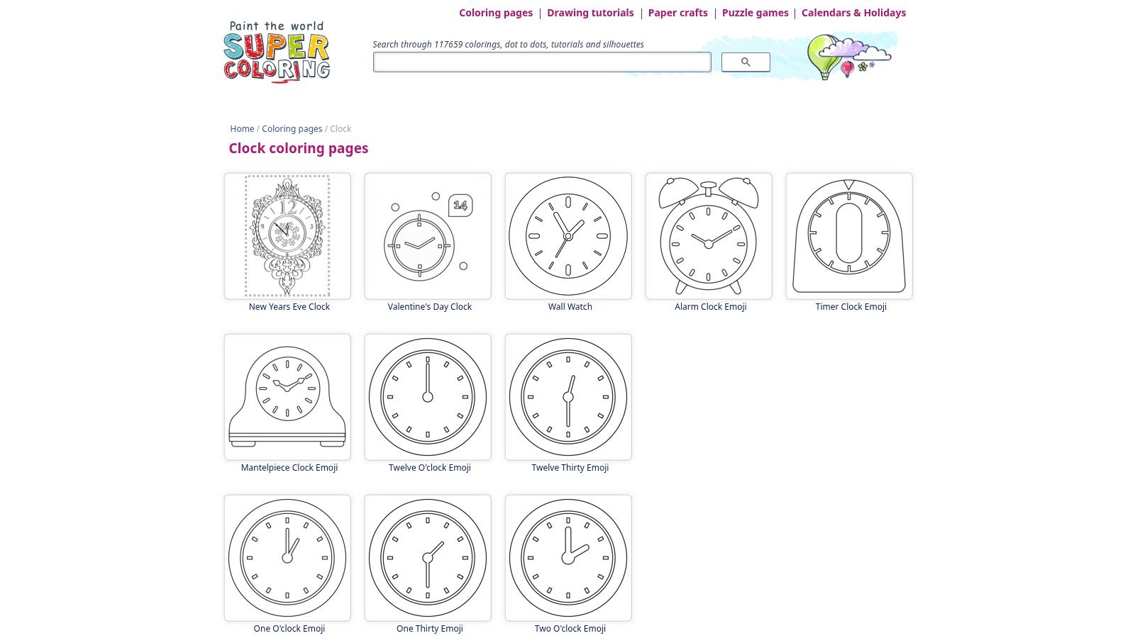 A gallery of clock-themed coloring pages available on the SuperColoring website, showing various styles from simple to detailed.