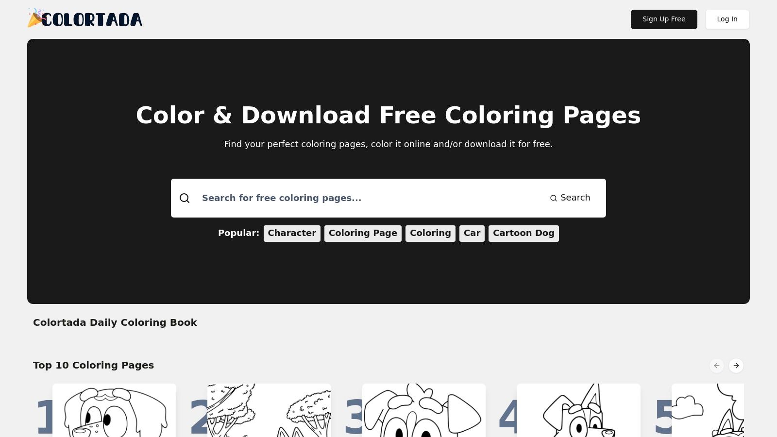 Colortada's website interface showing a gallery of cartoon coloring pages.