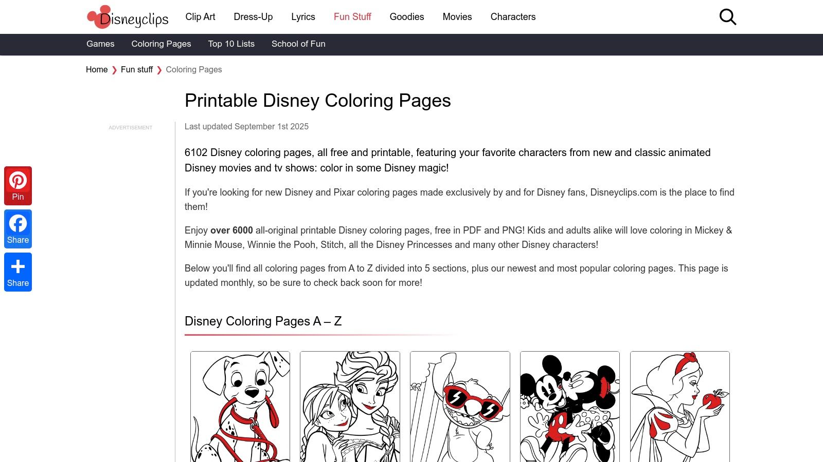 A screenshot of the Disneyclips.com website, showcasing its organized, grid-like layout with various Disney coloring page categories.