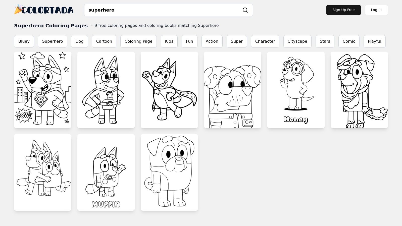 A collection of superhero-themed coloring page previews, including a character resembling Iron Man in a dynamic pose.