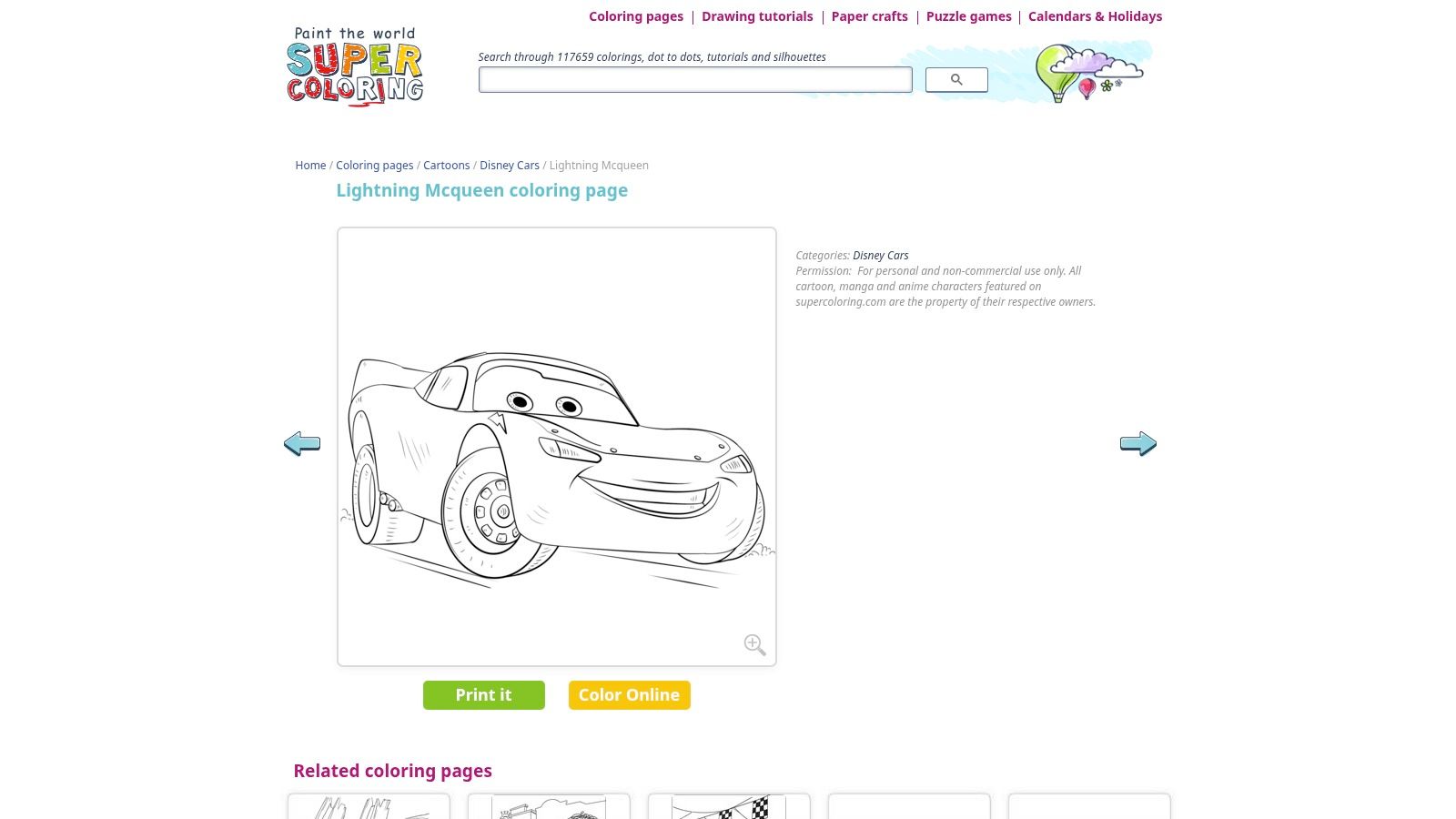 A user interface on SuperColoring showing a Lightning McQueen page ready to be colored online with a digital color palette.