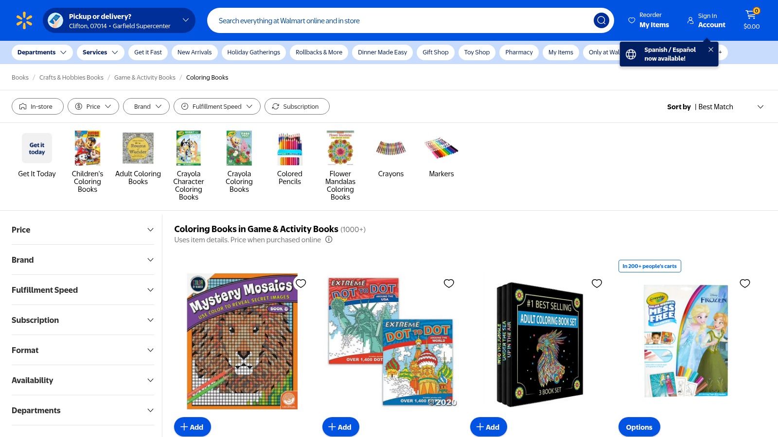A screenshot of the Walmart website showing a product listing for a Barbie coloring book, including the price, shipping information, and customer ratings.