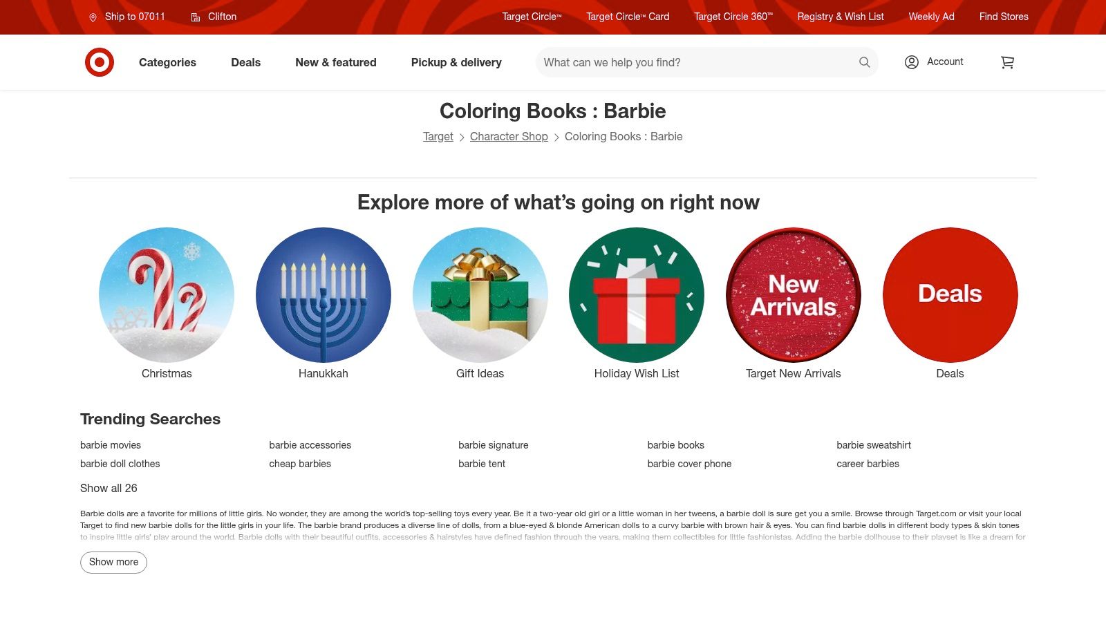 A screenshot of the Target website showing various Barbie coloring and activity books, with clear pricing and options for pickup or delivery.
