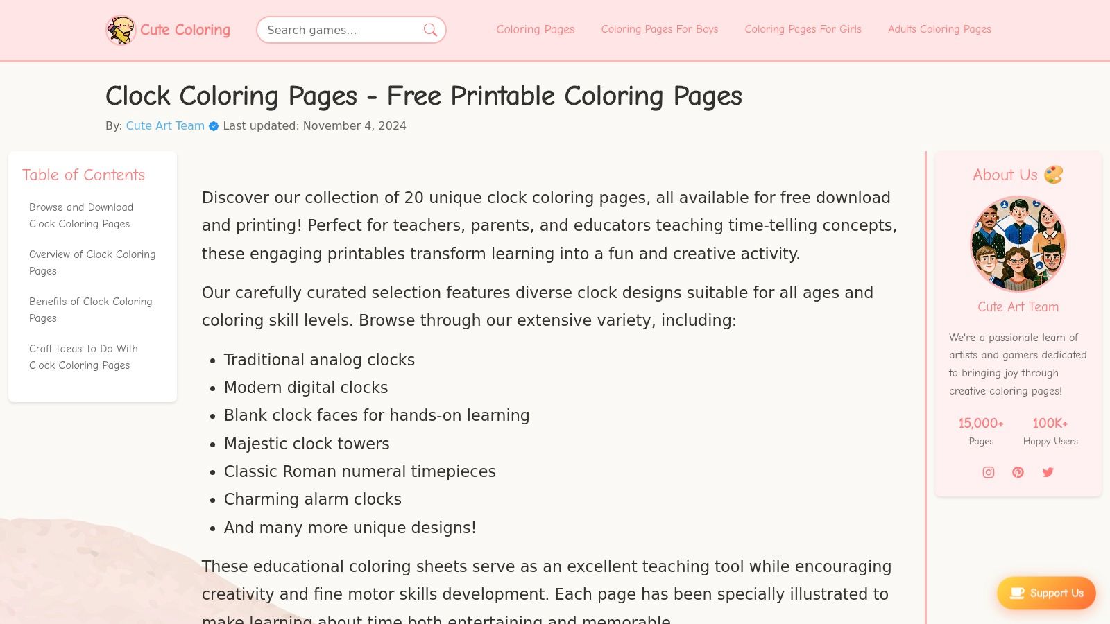 A webpage from CuteColoring.page showcasing its variety of clock coloring pages.