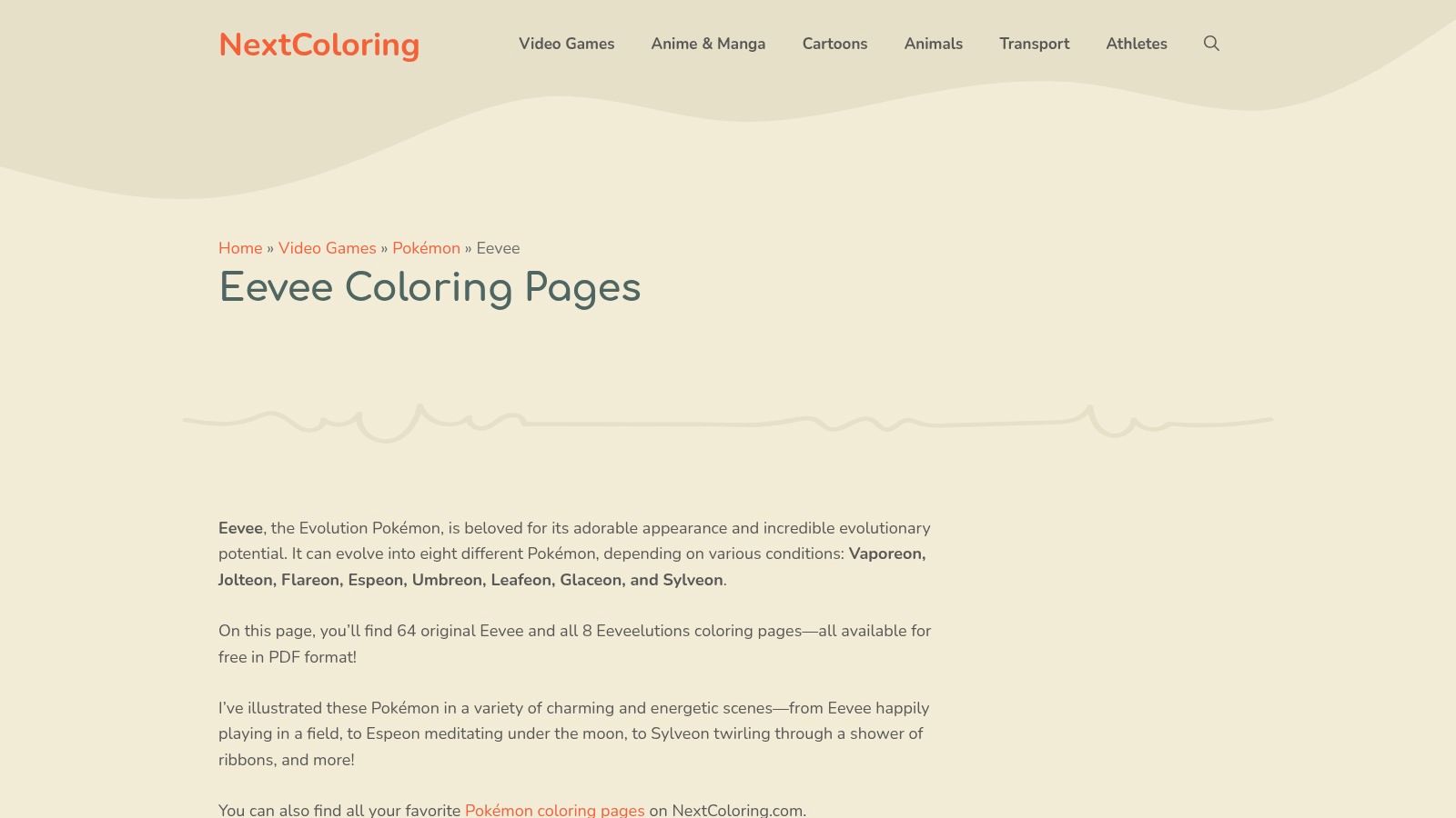 A grid of Eevee and Eeveelution coloring pages on the NextColoring website.