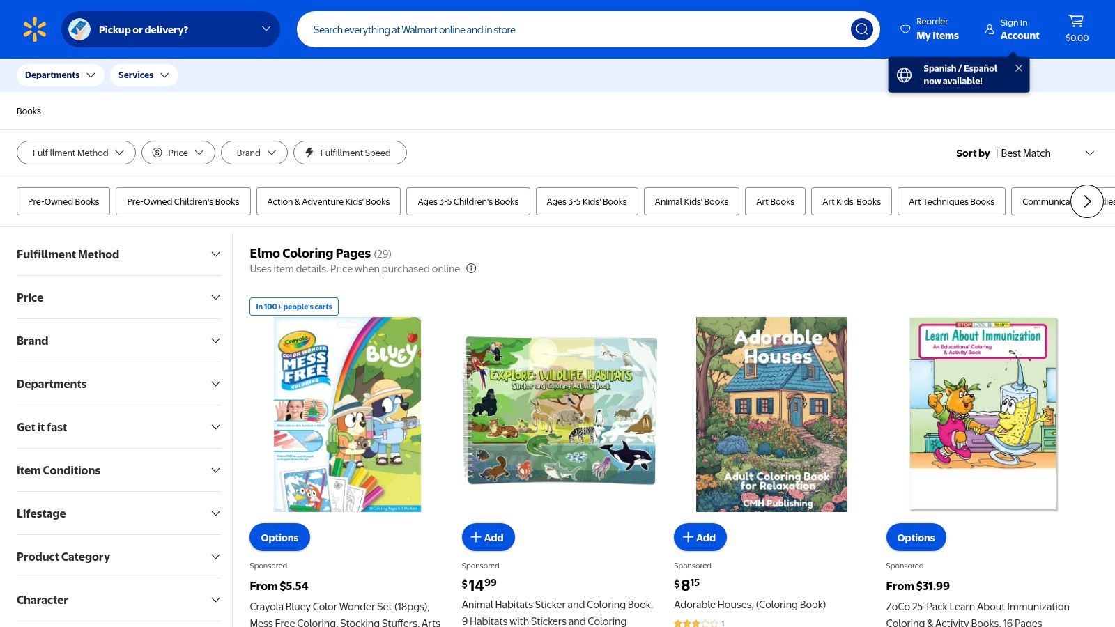 Elmo coloring books on the Walmart website