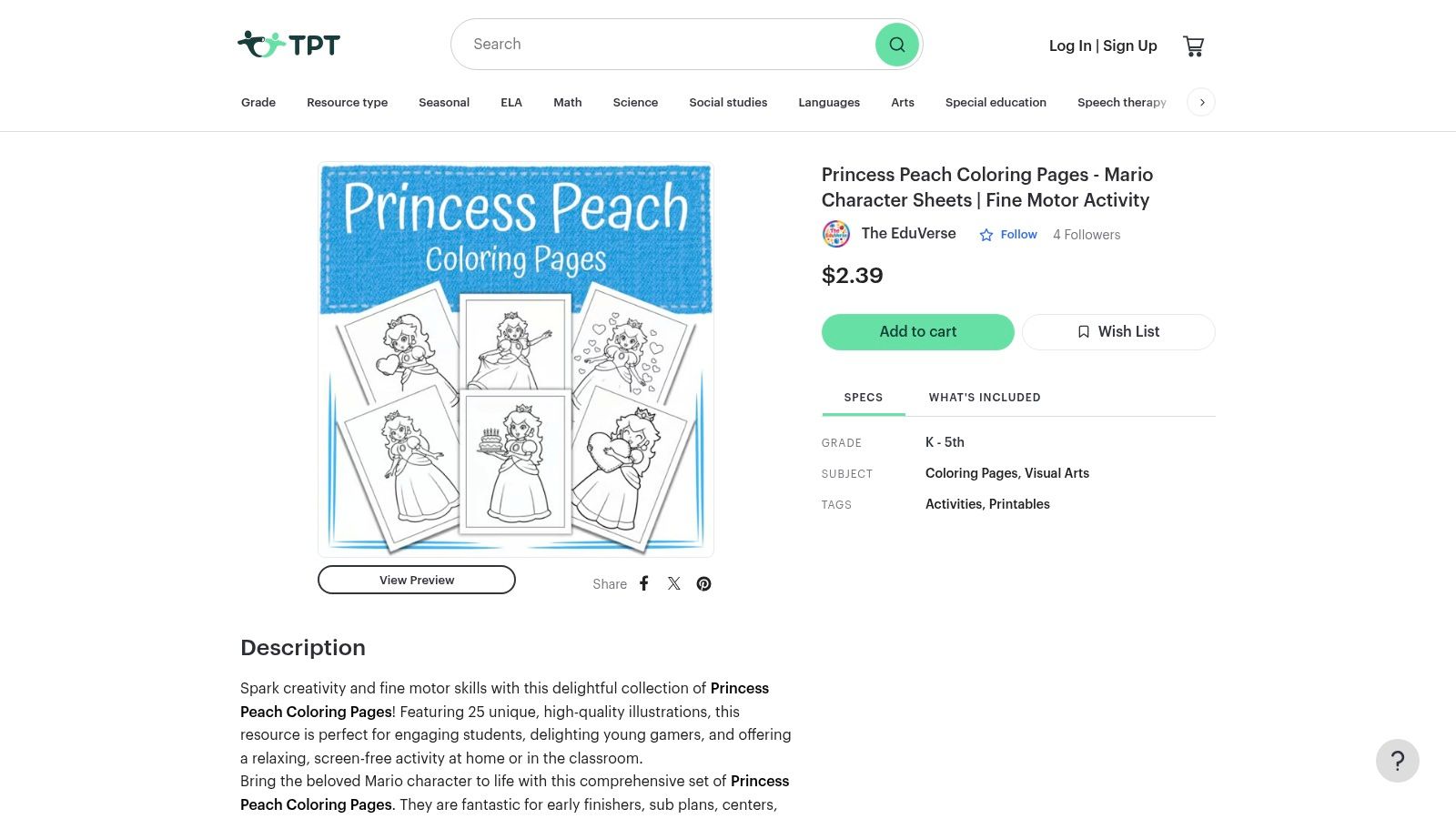 Teachers Pay Teachers (Princess Peach coloring pages)