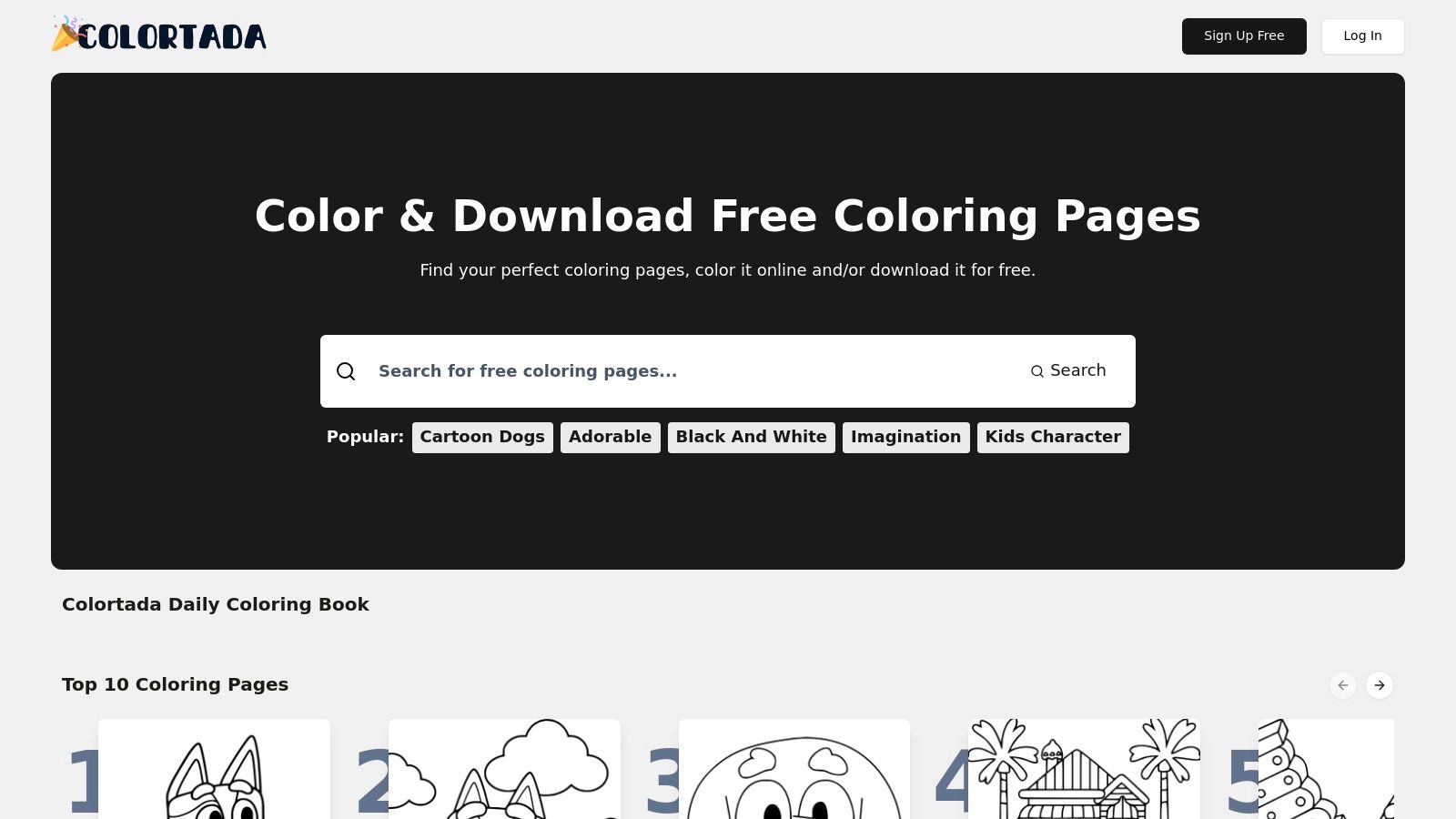 A screenshot of the Colortada website interface showing various coloring pages featuring popular characters.