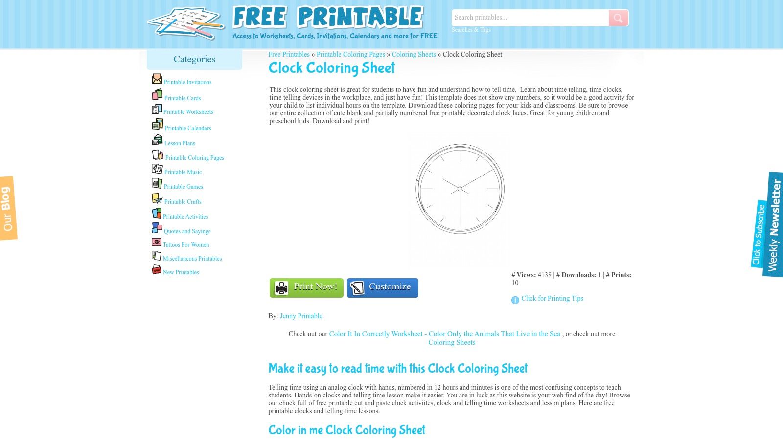 A simple, blank clock face coloring page from FreePrintableOnline, ready for printing and customization.