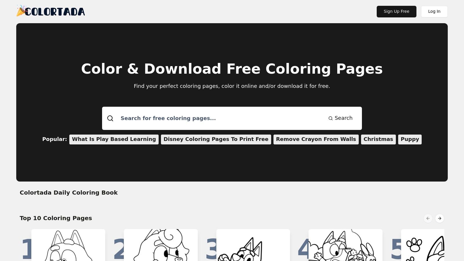 Colortada homepage showcasing a variety of coloring sheets for kids