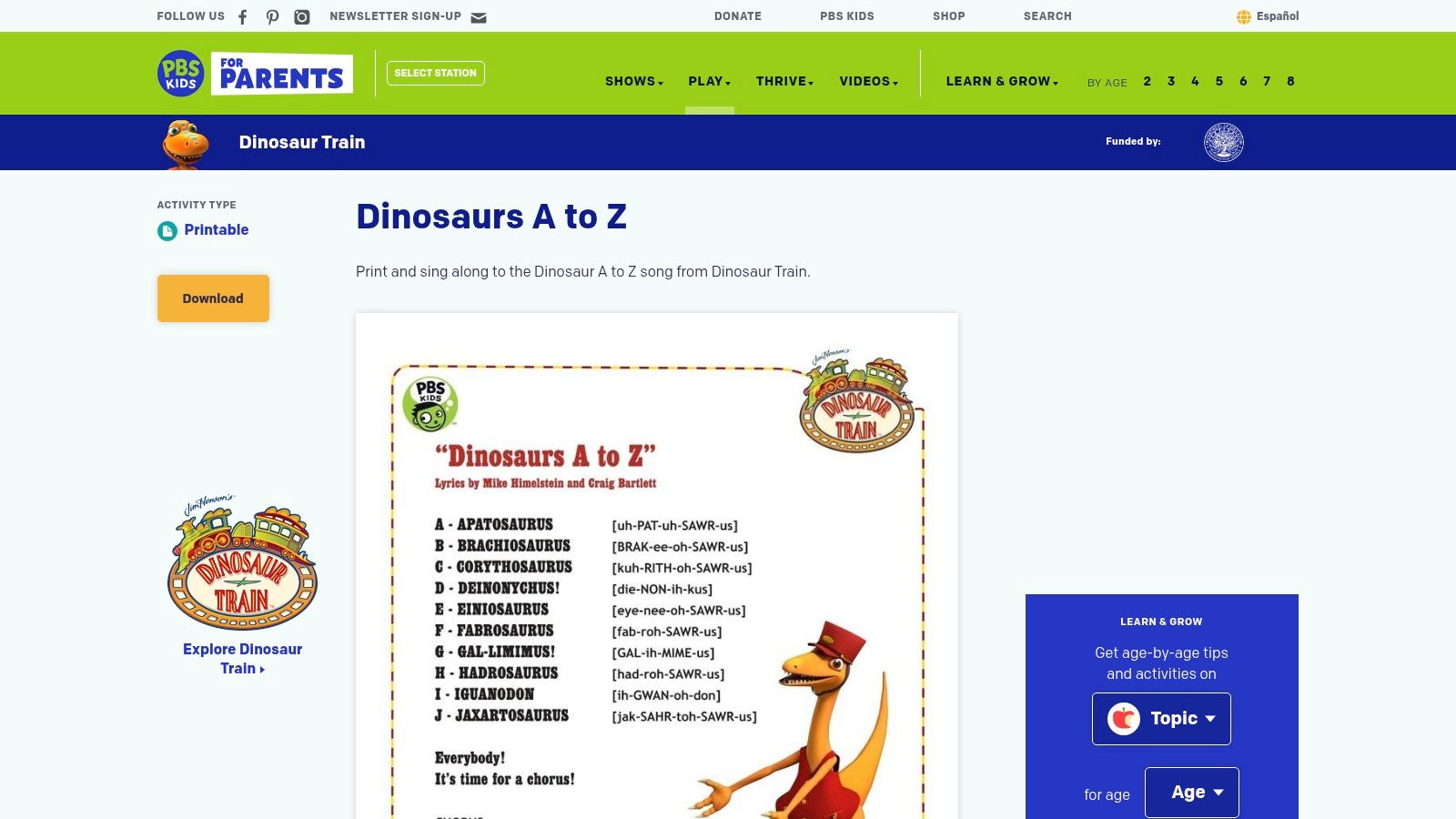 PBS KIDS for Parents (Dinosaur printables)