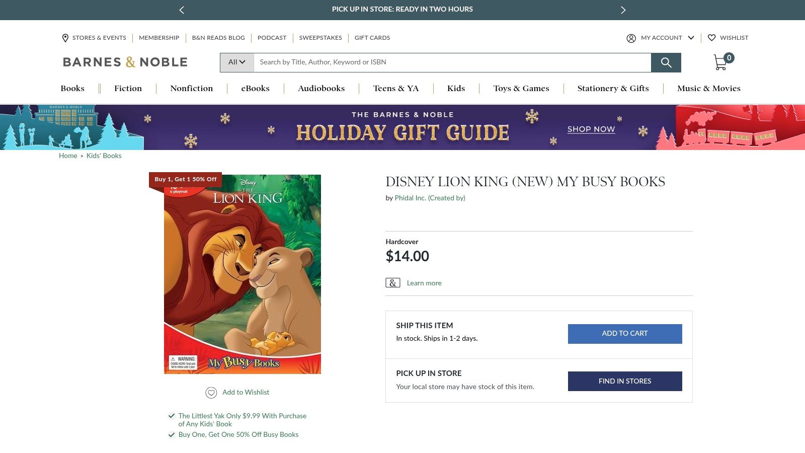 An activity book from Barnes & Noble titled "Disney The Lion King My Busy Book" featuring Simba, Timon, and Pumbaa, which includes a storybook, figurines, and a playmat.