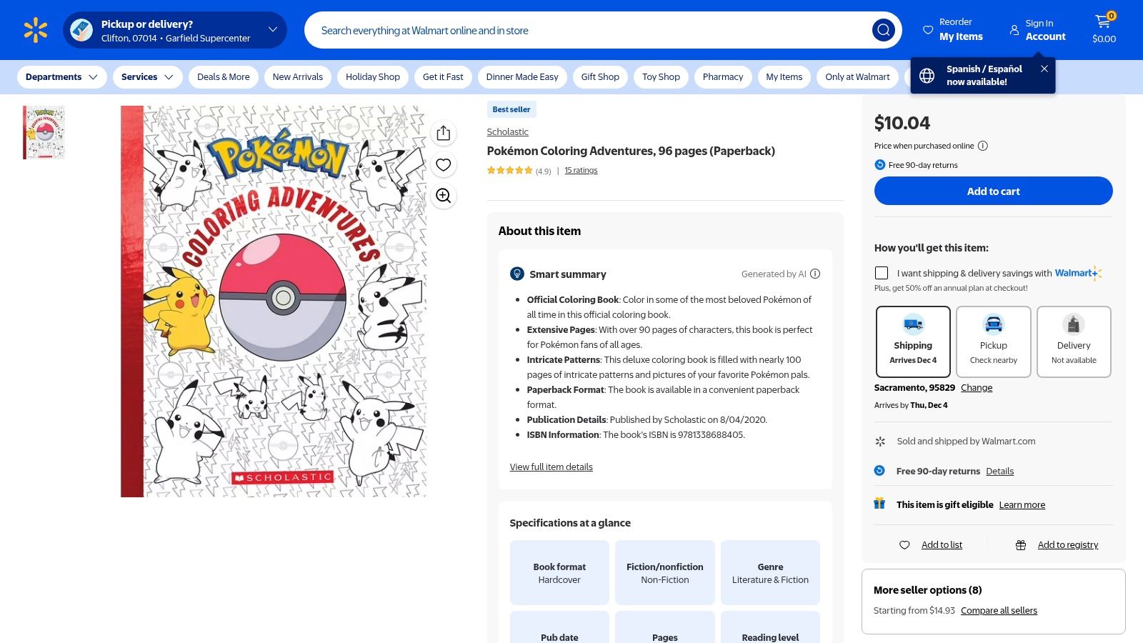 A product page on Walmart's website showing a Pokémon coloring book featuring Pikachu.