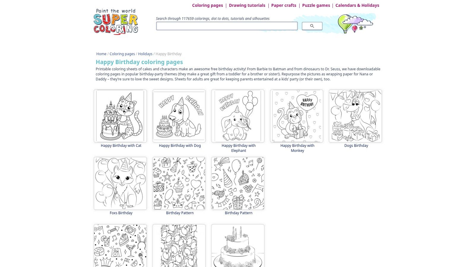 SuperColoring birthday coloring page options