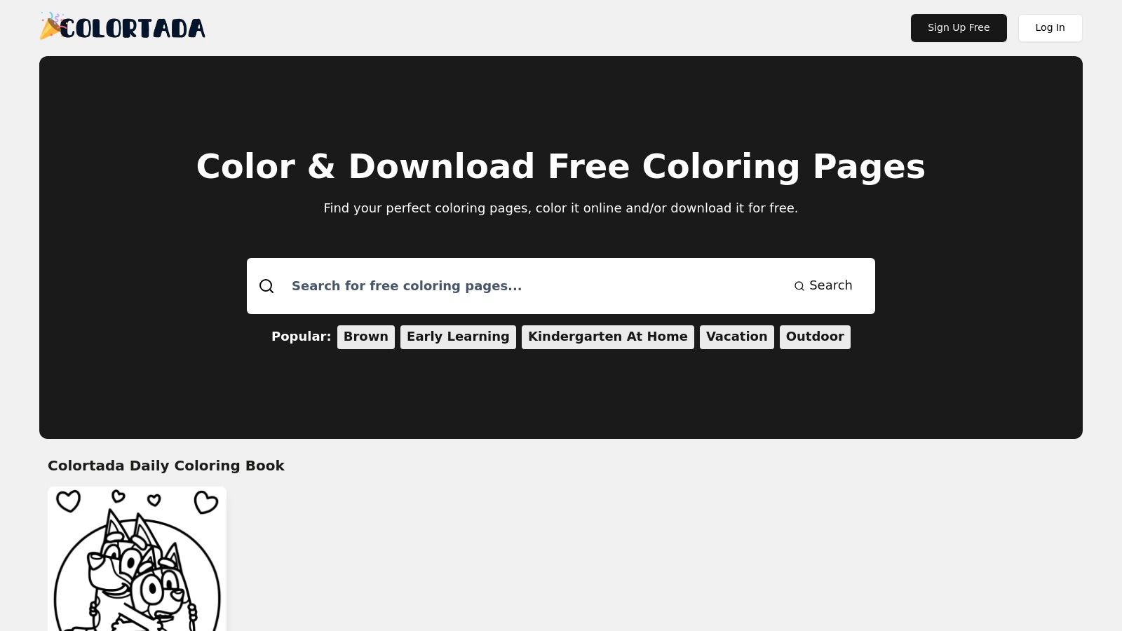 A screenshot of the Colortada website, showcasing a variety of colorful and engaging coloring pages featuring popular characters.