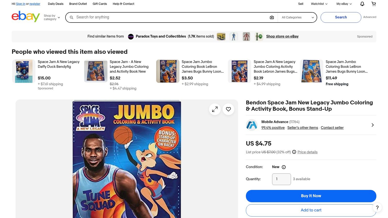 A Space Jam: A New Legacy jumbo coloring and activity book listed for sale on eBay.