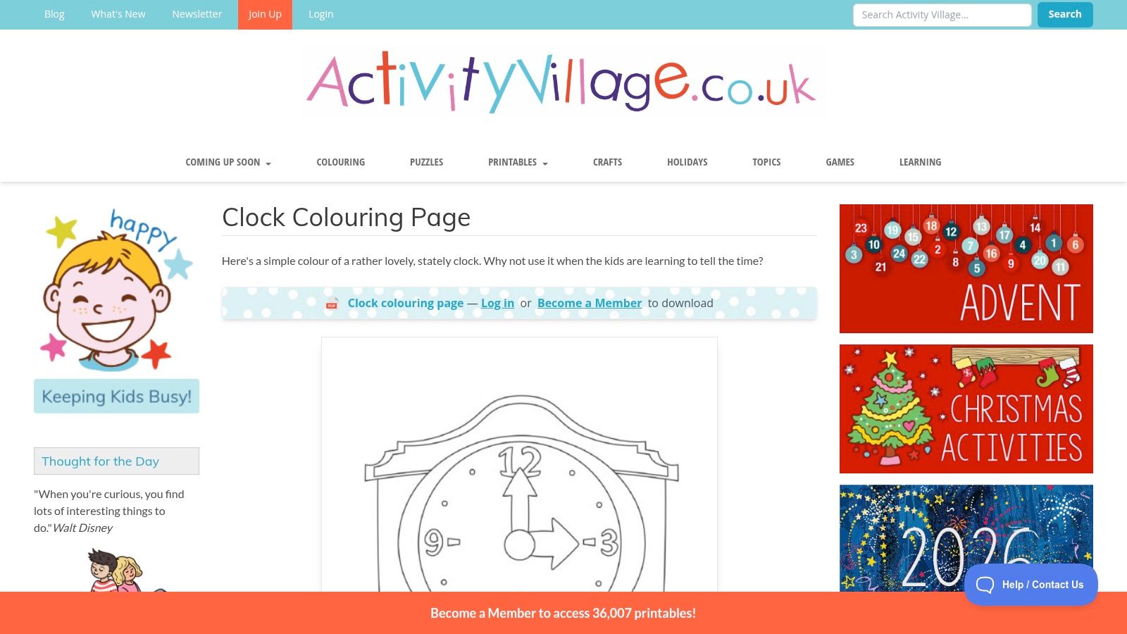 A kid-friendly clock coloring page from the Activity Village website, featuring a simple design suitable for young children.