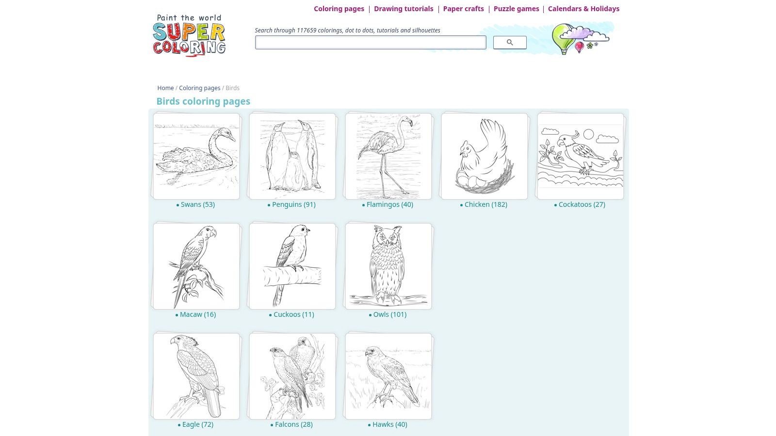 A screenshot of SuperColoring.com's bird category, showing a grid of various bird illustrations ready to be colored.