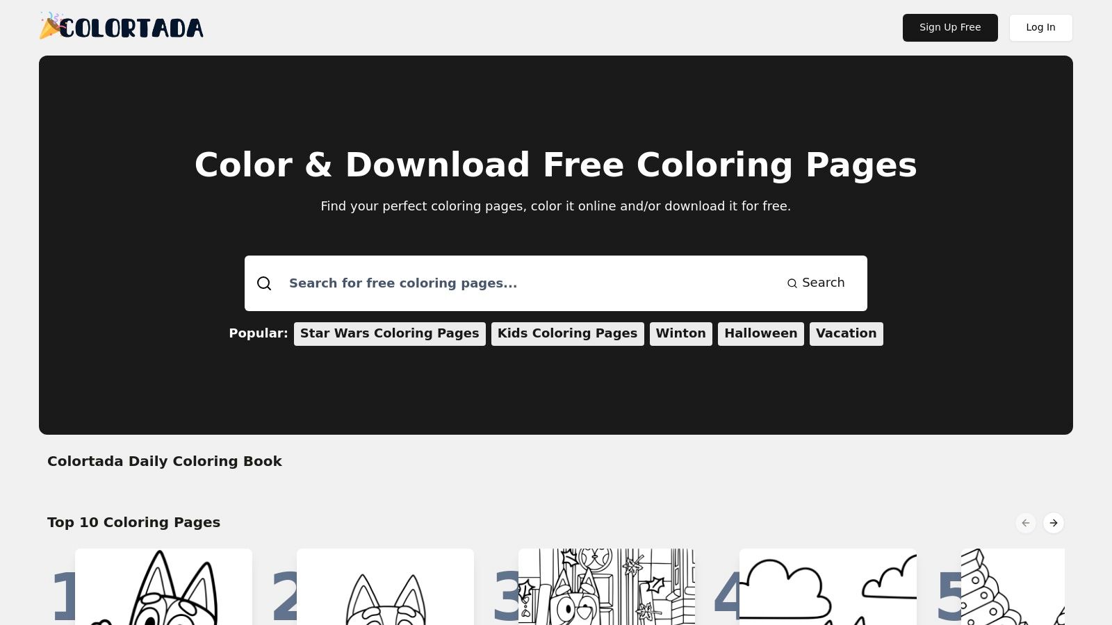 A screenshot of the Colortada website homepage, showcasing a colorful layout with featured coloring pages including characters like Bluey and from video games. The navigation menu is clearly visible at the top.