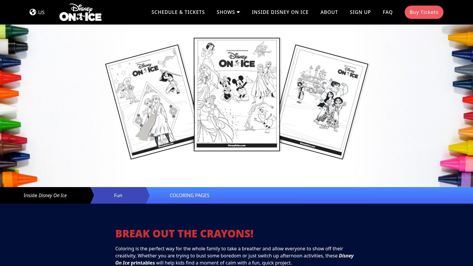 A screenshot of the Disney On Ice website's coloring pages section, showing various character sheets ready for download.