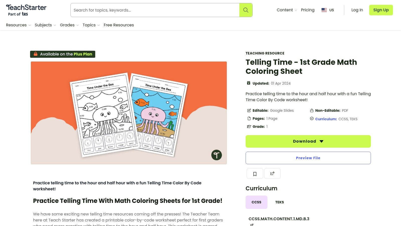 Teach Starter (US) color-by-code worksheet showing a clock face and coloring key.