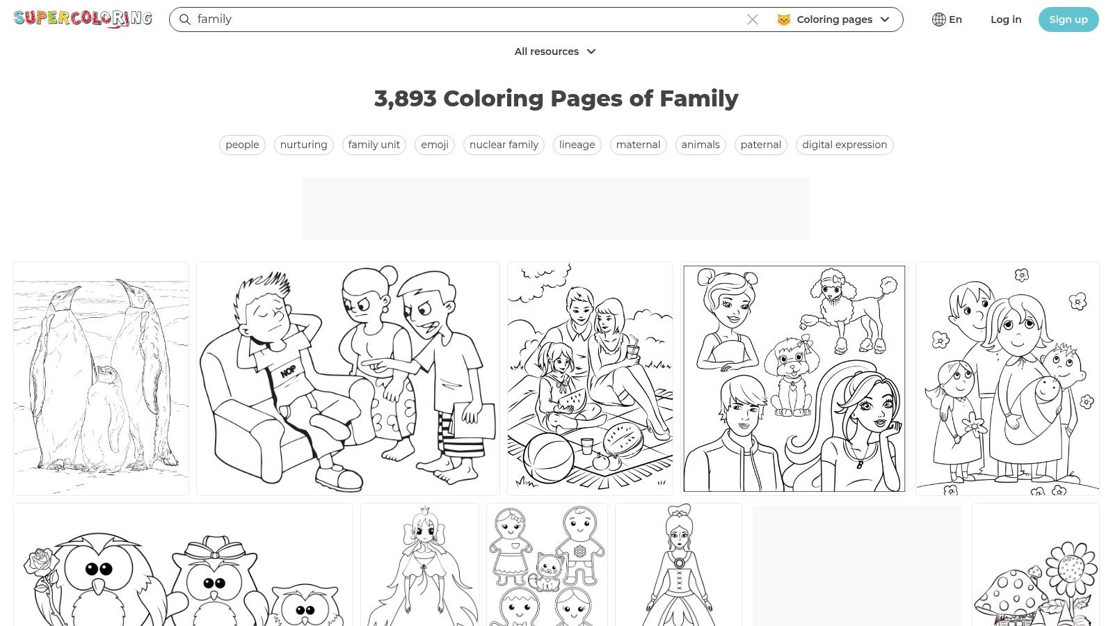 A gallery view of family-themed coloring pages on the SuperColoring website.