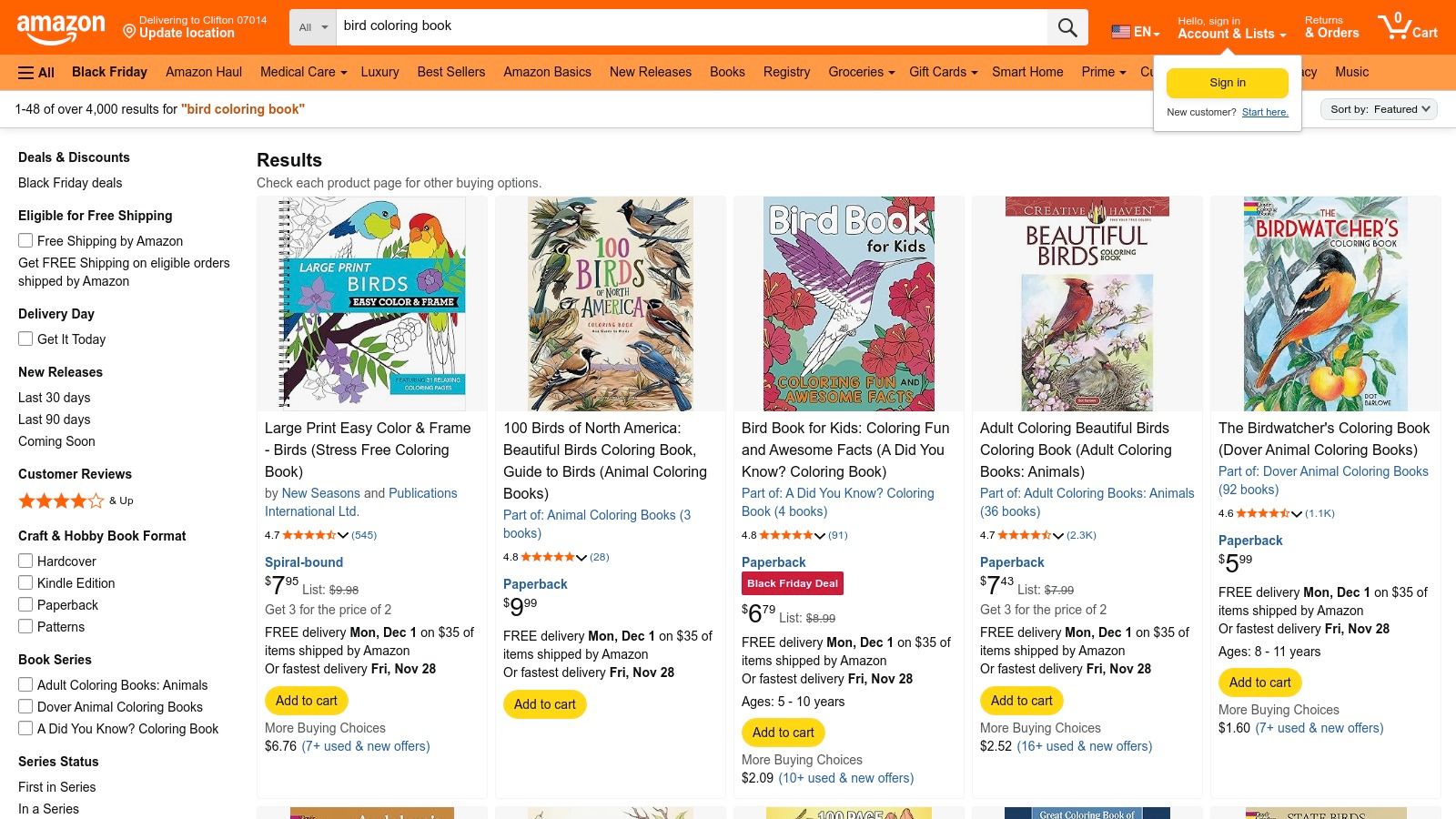 A screenshot of Amazon's search results for "bird coloring book," showing a wide variety of book covers.