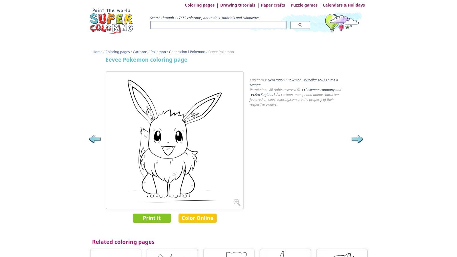 The SuperColoring website showcasing an Eevee coloring page with options to color online or print.
